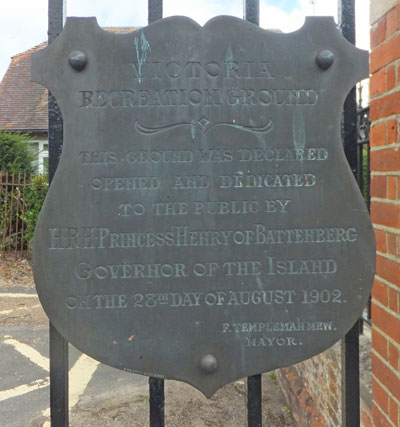 Dedication shield on gate of Victoria Recreation Ground, Newport