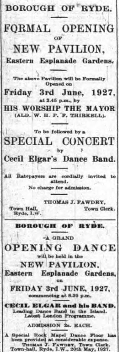 Ryde Pavilion opening programme 3 June 1927